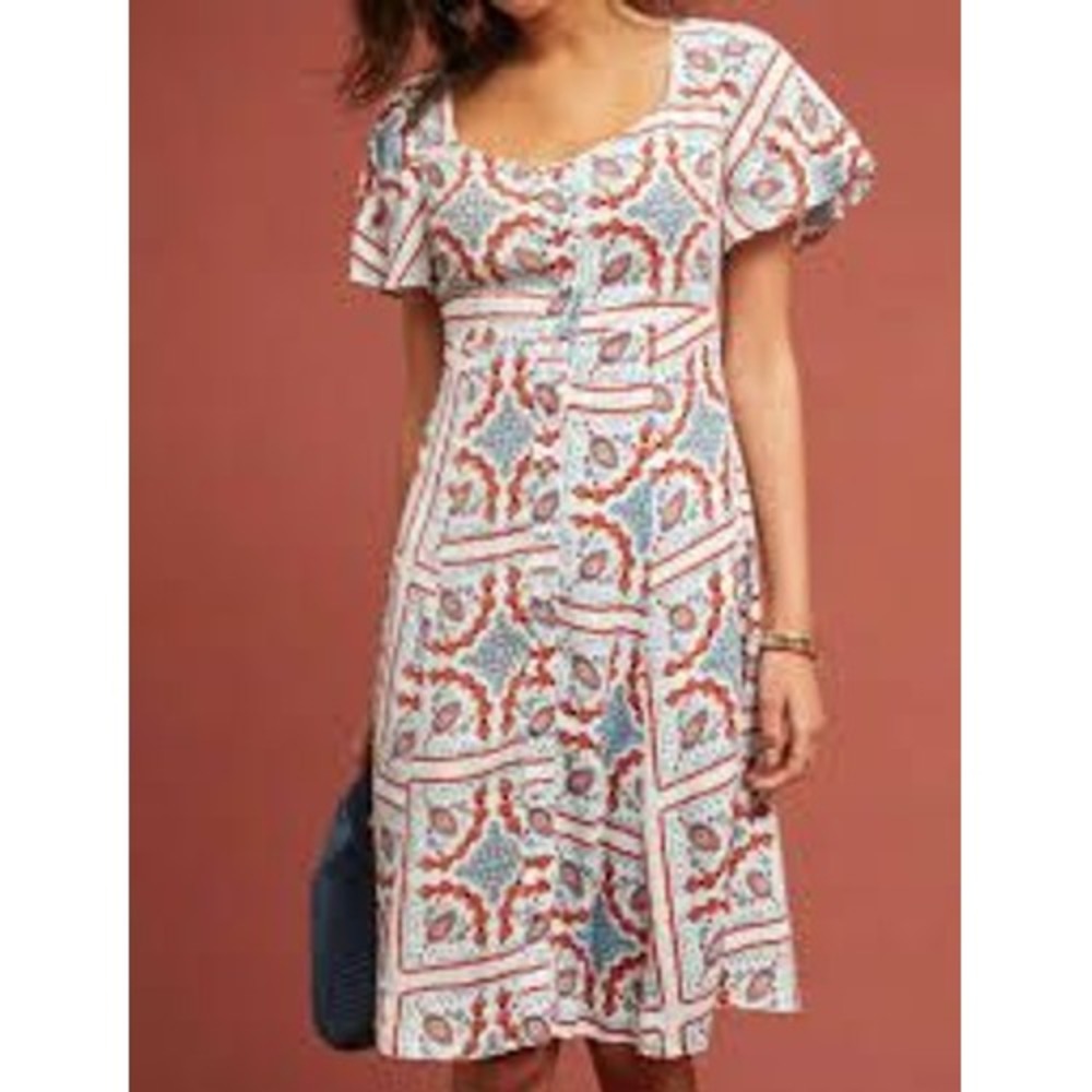 Maeve Anthropologie Praslin Midi Dress Womens 4 Red Blue White Button Front Boho - Picture 1 of 9